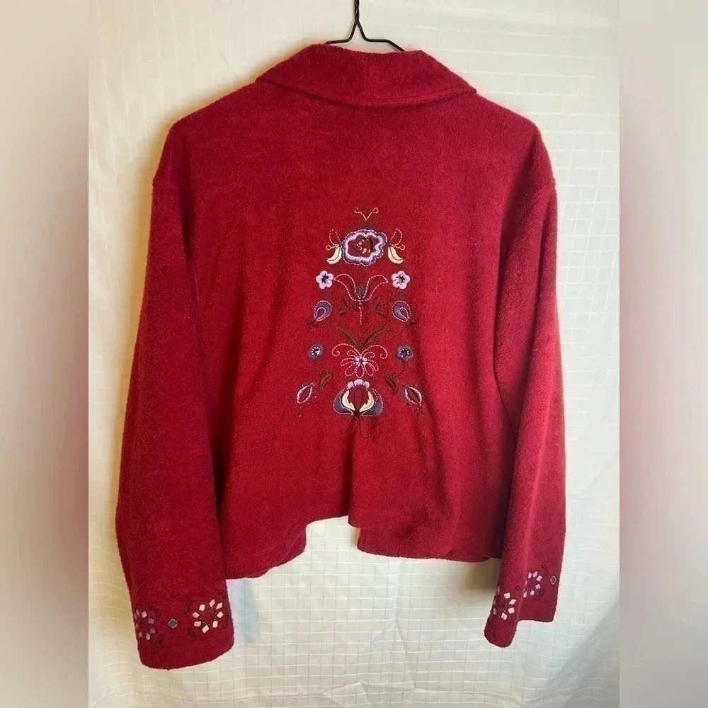 Women’s  J Jill  large petite red embroidered jacket p2p about 23”